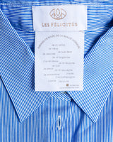 chemise Félicy fine rayure bleu azur 100% popeline italienne , fabrication en Italie ? Poche secrète avec pierre de protection , étiquette phrase rituel du bonheur @ les Félicités