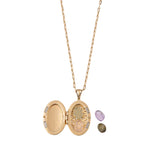 Médaillon plaqué or mat ouvert avec ses pierres de protection, sur chaine